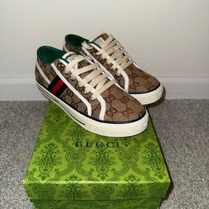 Gucci Tan Monogram Sneakers with Green and Red Stripes